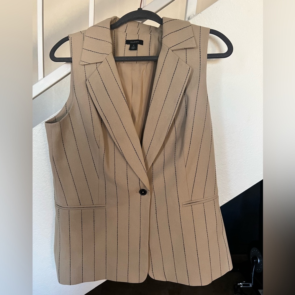 Halogen Beige Striped Sleeveless Blazer